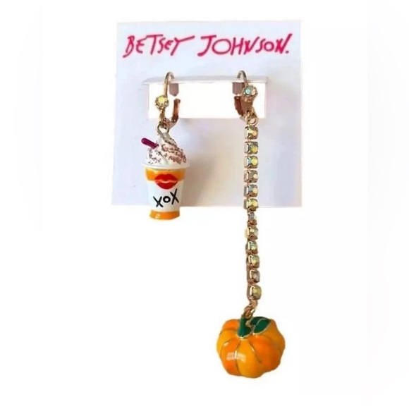 Betsey Johnson Pumpkin Spice Coffee & Pumpkin Mismatch Drop Earrings NWT - Picture 1 of 8